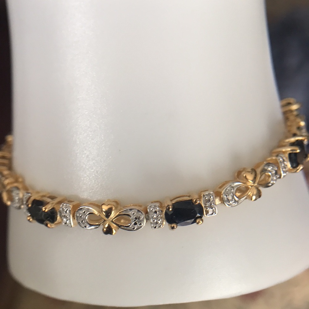 18k Gold Over Sterling Silver Black Sapphires Diamond & Illusions Bow Bracelet
